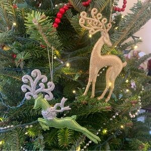 Vintage Glitter Reindeer Ornament set of 2 Green/Silver and Gold